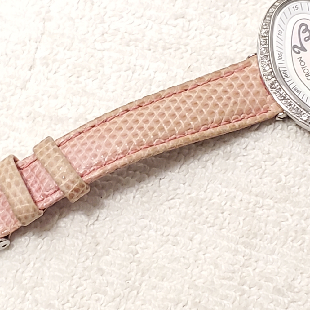 Croton Diamonds Bezel Women's Watch Pink Genuine Strap Mother Pearl Dial Vintage - Picture 8 of 12